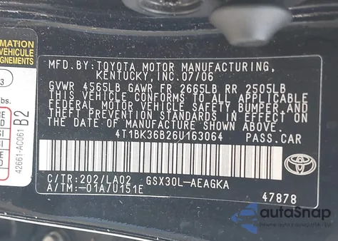 2006 Toyota Avalon Xls z USA, uszkodzony, nr VIN 4T1BK36B26U163064
